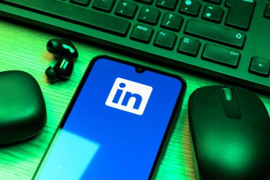 Prag, Çek Cumhuriyeti - 10 21 2024: Yüzeyde LinkedIn logosunu gösteren akıllı telefon.