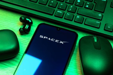 Prag, Çek Cumhuriyeti - 10 21 2024: SpaceX logosunu gösteren akıllı telefon.