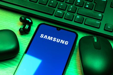 Prag, Çek Cumhuriyeti - 10 21 2024: Samsung logosunu gösteren akıllı telefon.