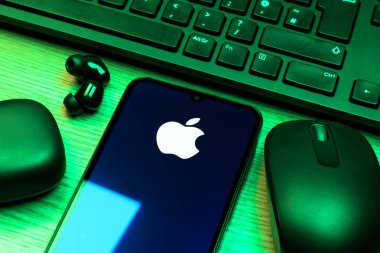 Prag, Çek Cumhuriyeti - 10 21 2024: Apple logosunu gösteren akıllı telefon.