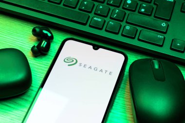 Prag, Çek Cumhuriyeti - 10 21 2024: Seagate logosunu gösteren akıllı telefon.