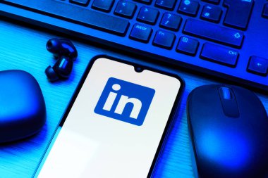 Prag, Çek Cumhuriyeti - 10 21 2024: Yüzeyde LinkedIn logosunu gösteren akıllı telefon.