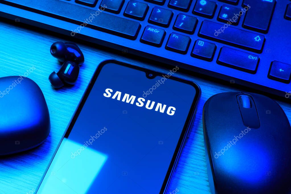 Prague, Czechia - 10 21 2024: Smartphone on surface showing Samsung logo.