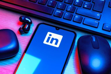 Prag, Çek Cumhuriyeti - 10 21 2024: Yüzeyde LinkedIn logosunu gösteren akıllı telefon.