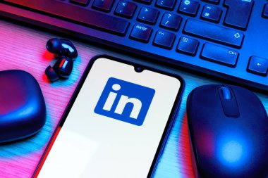Prag, Çek Cumhuriyeti - 10 21 2024: Yüzeyde LinkedIn logosunu gösteren akıllı telefon.