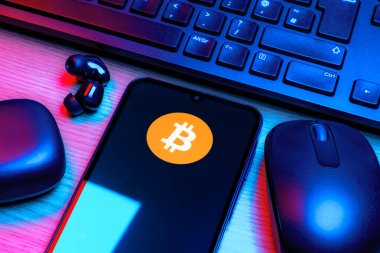 Prag, Çek Cumhuriyeti - 10 21 2024: Bitcoin logosunu gösteren akıllı telefon.