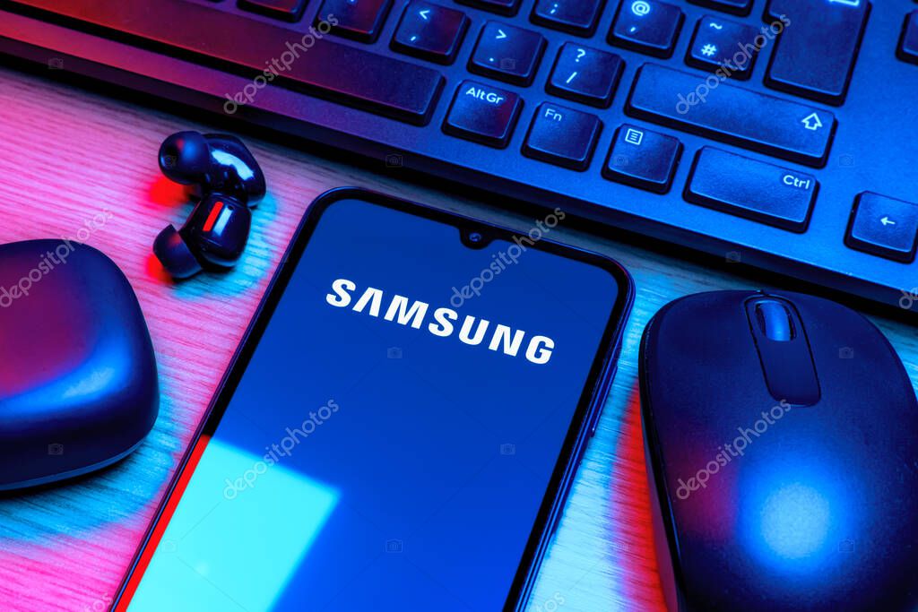 Prague, Czechia - 10 21 2024: Smartphone on surface showing Samsung logo.