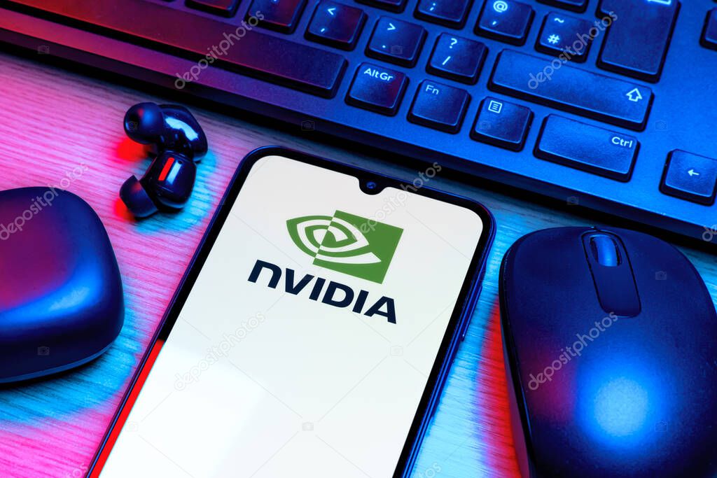 Prague, Czechia - 10 21 2024: Smartphone on surface showing NVIDIA logo.