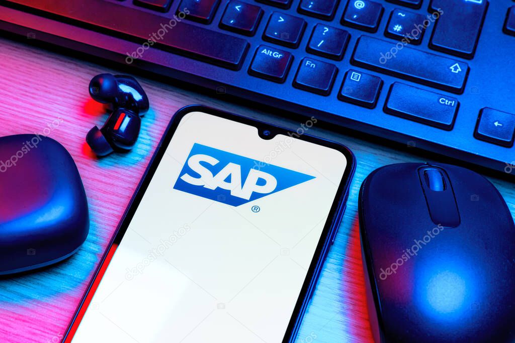 Prague, Czechia - 10 21 2024: Smartphone on surface showing SAP logo.