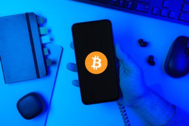 Prag, Çek Cumhuriyeti - 10 21 2024: Bitcoin logosunu gösteren akıllı telefon.