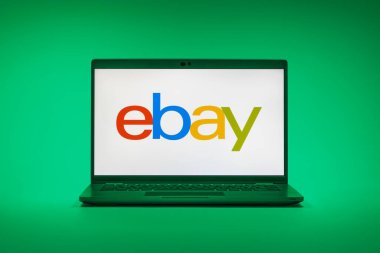 Prag, Çek Cumhuriyeti - 02 21 2025: Ebay logosunu gösteren dizüstü bilgisayar.