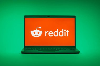 Prag, Çek Cumhuriyeti - 02 21 2025: Reddit logosunu gösteren dizüstü bilgisayar.