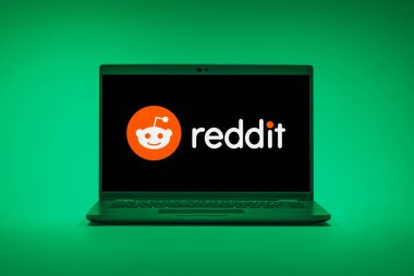Prag, Çek Cumhuriyeti - 02 21 2025: Reddit logosunu gösteren dizüstü bilgisayar.