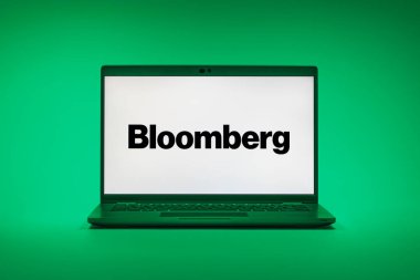 Prag, Çek Cumhuriyeti - 02 21 2025: Bloomberg logosunu gösteren dizüstü bilgisayar.