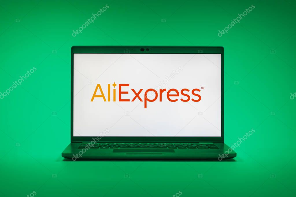 Prague, Czechia - 02 21 2025: Laptop on surface showing AliExpress logo.
