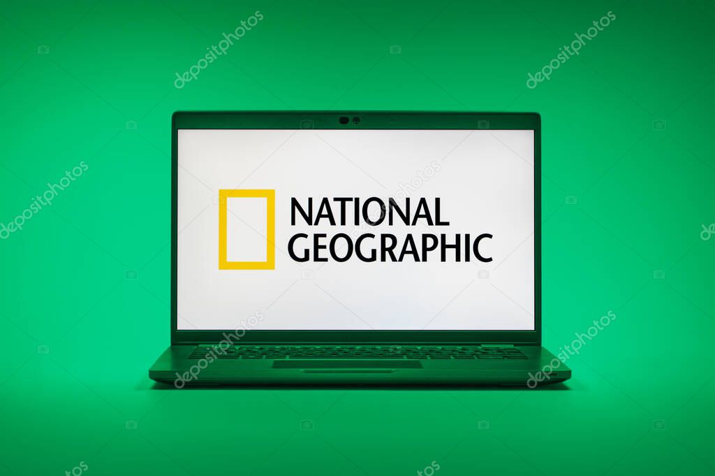Prague, Czechia - 02 21 2025: Laptop on surface showing National Geographic logo.