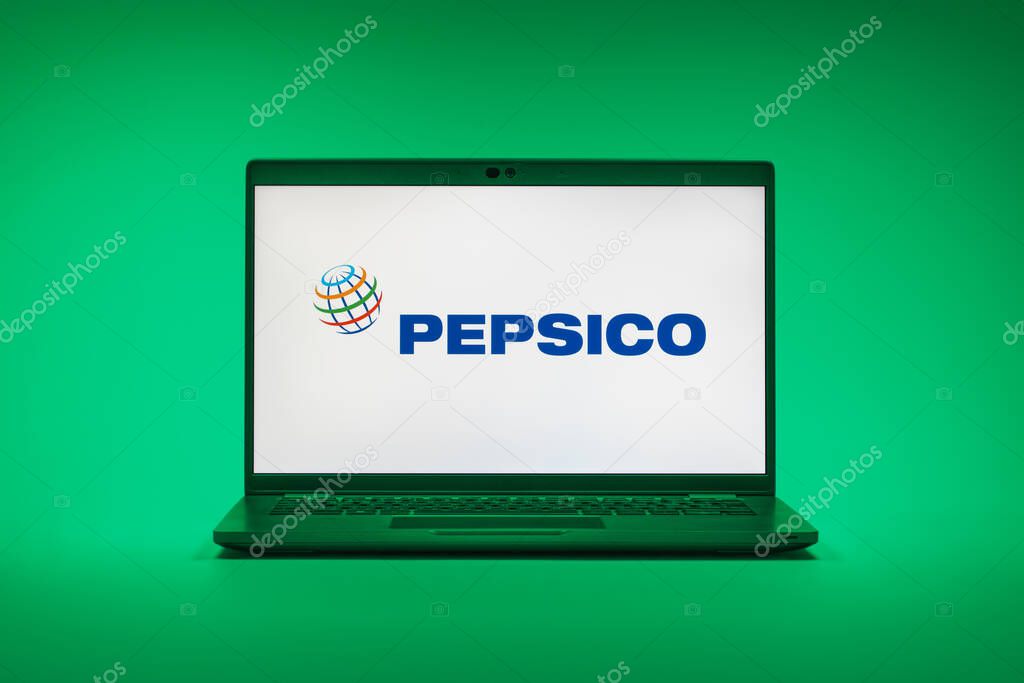 Prague, Czechia - 02 21 2025: Laptop on surface showing Pepsico logo.