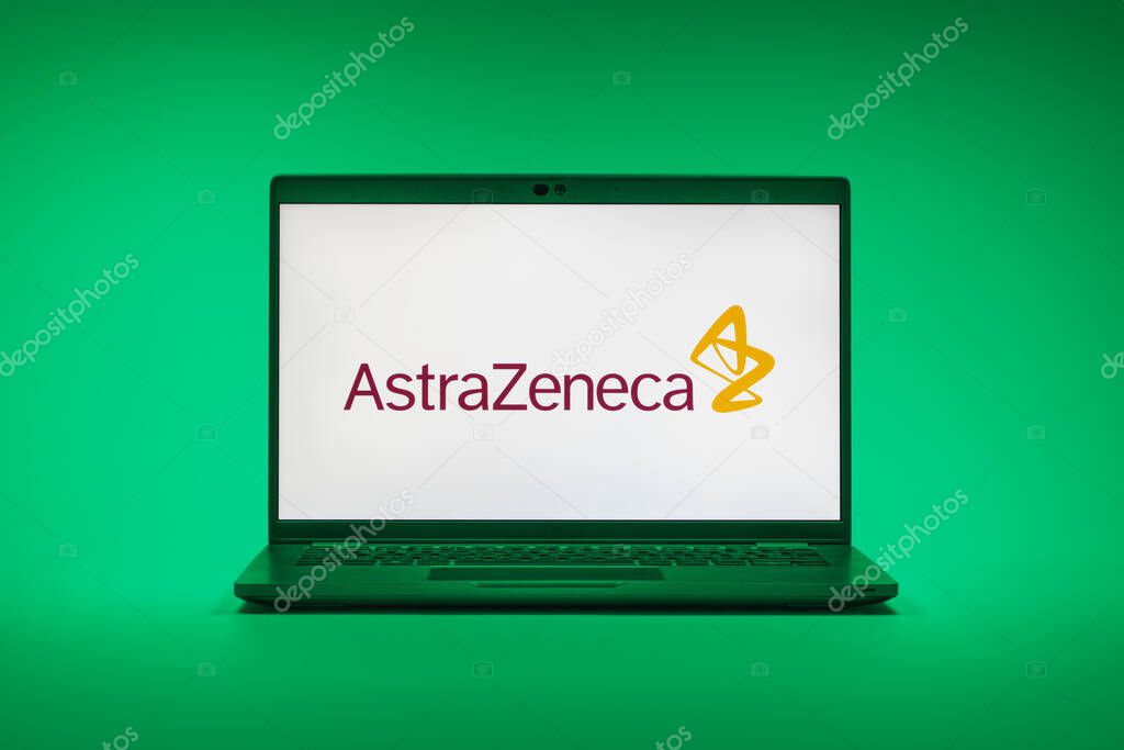 Prague, Czechia - 02 21 2025: Laptop on surface showing AstraZeneca logo.