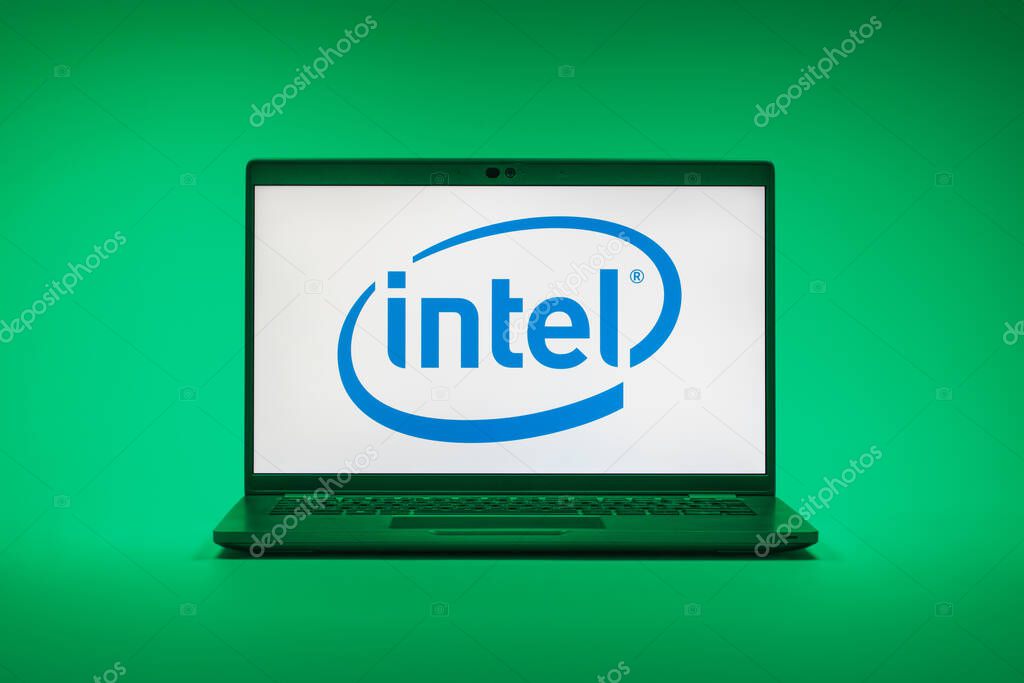 Prague, Czechia - 02 21 2025: Laptop on surface showing Intel logo.