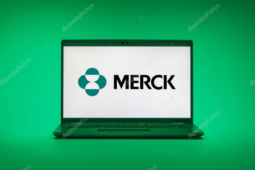Prague, Czechia - 02 21 2025: Laptop on surface showing Merck logo.
