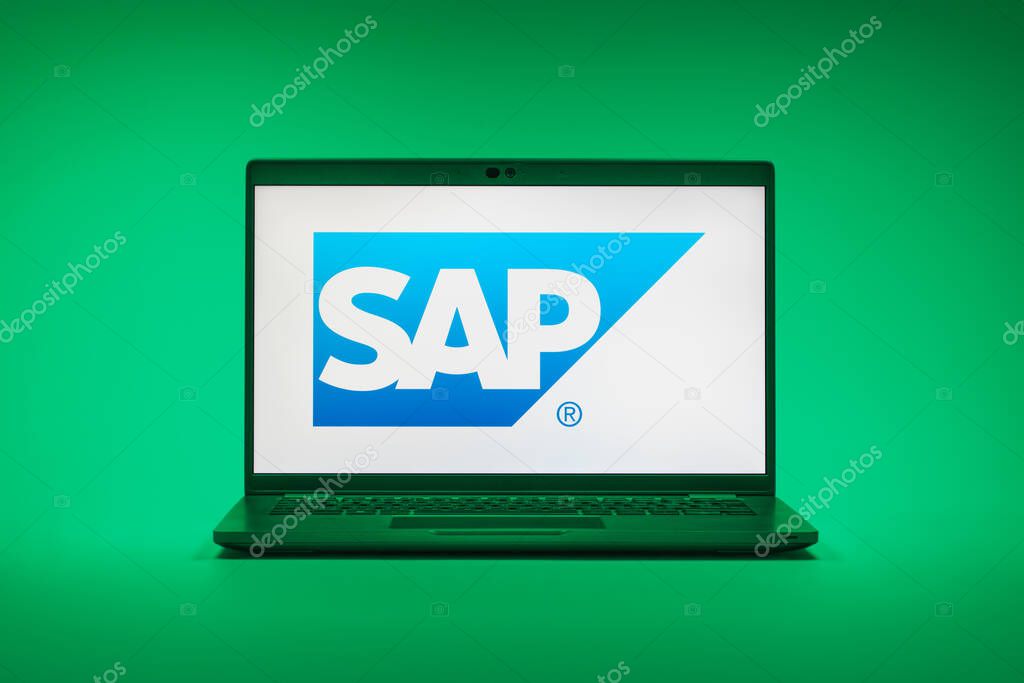 Prague, Czechia - 02 21 2025: Laptop on surface showing SAP logo.