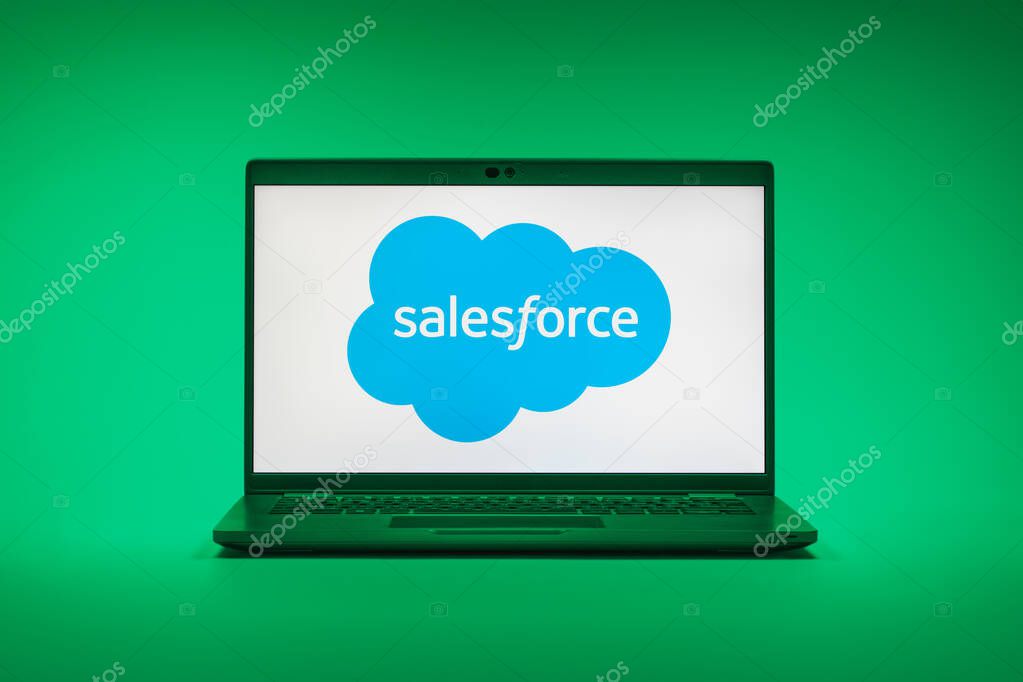 Prague, Czechia - 02 21 2025: Laptop on surface showing Salesforce logo.