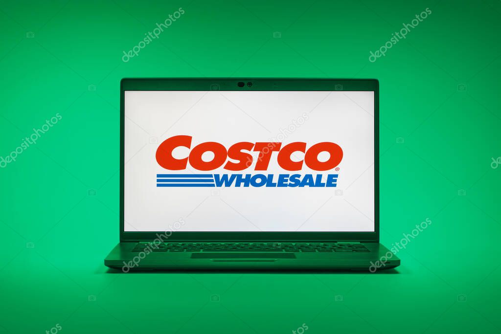 Prague, Czechia - 02 21 2025: Laptop on surface showing Costco logo.