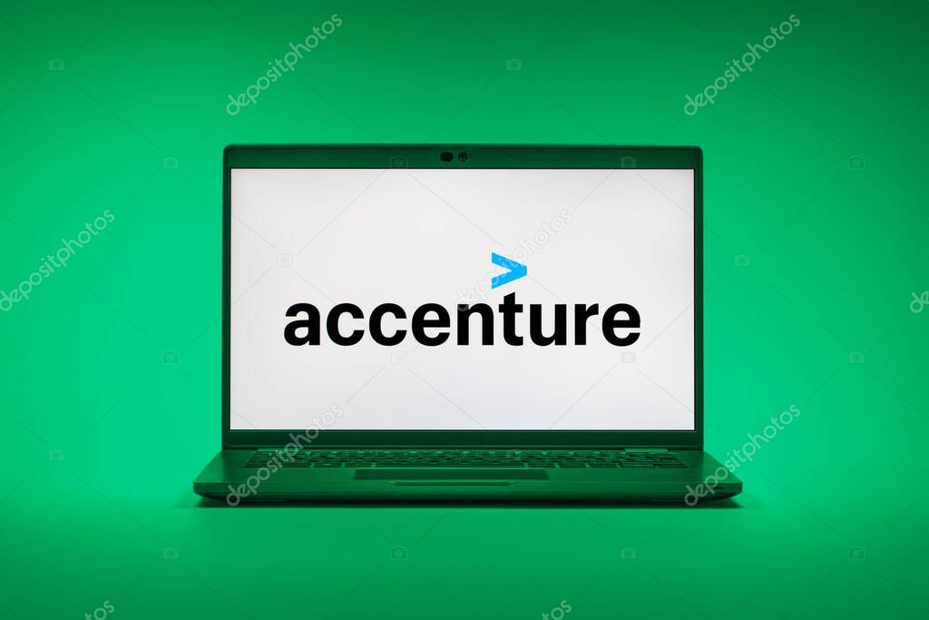 Prague, Czechia - 02 21 2025: Laptop on surface showing Accenture logo.