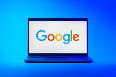 Prag, Çek Cumhuriyeti - 02 21 2025: Google logosunu gösteren dizüstü bilgisayar.