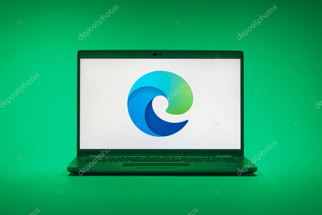 Prague, Czechia - 02 21 2025: Laptop on surface showing Edge logo.