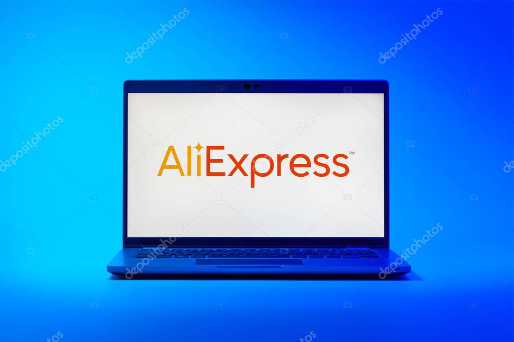 Prague, Czechia - 02 21 2025: Laptop on surface showing AliExpress logo.