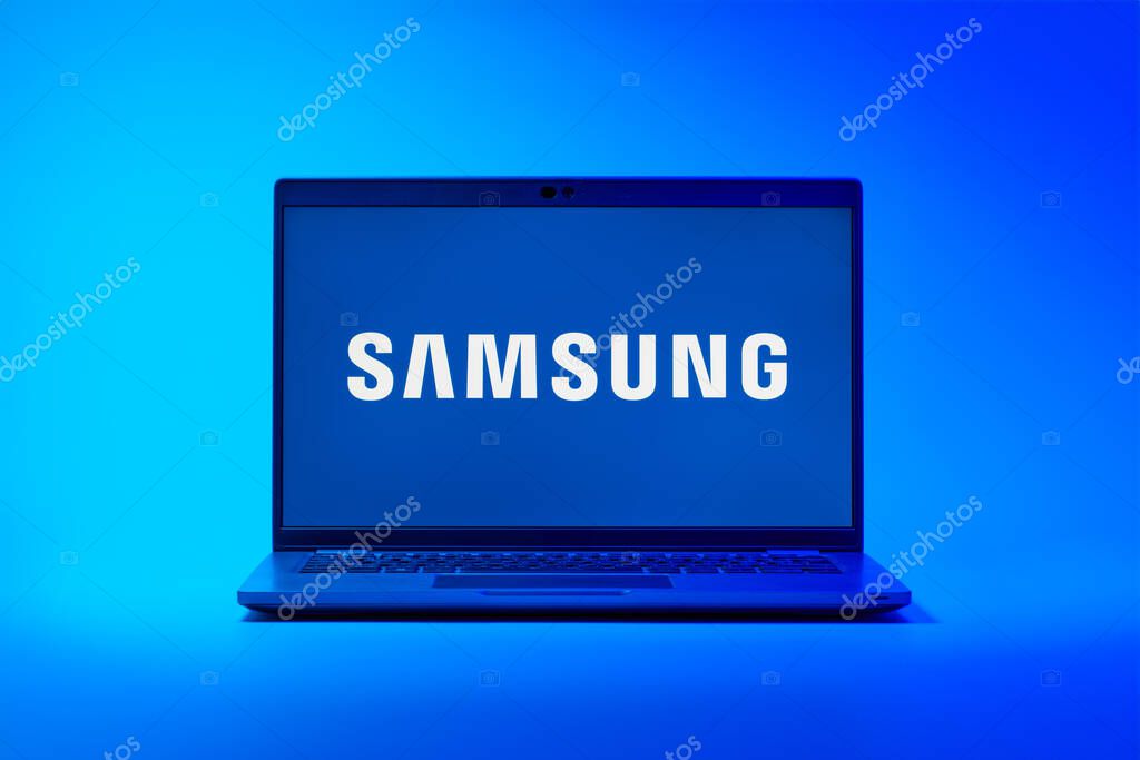 Prague, Czechia - 02 21 2025: Laptop on surface showing Samsung logo.