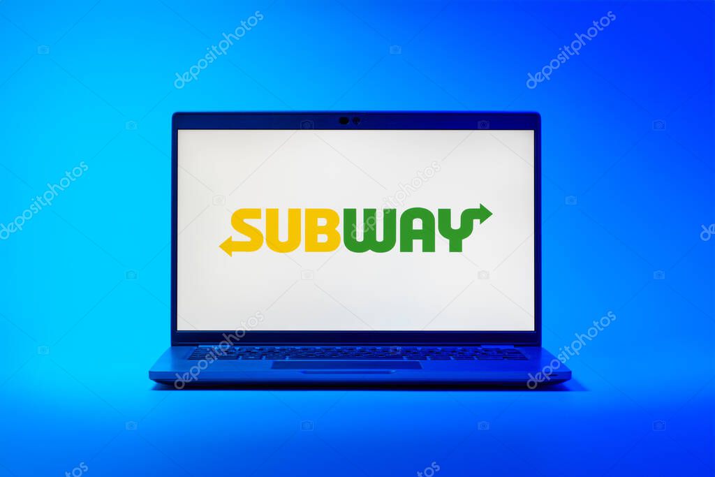 Prague, Czechia - 02 21 2025: Laptop on surface showing Subway logo.