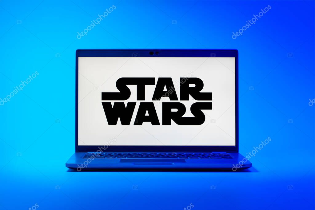 Prague, Czechia - 02 21 2025: Laptop on surface showing Star Wars logo.