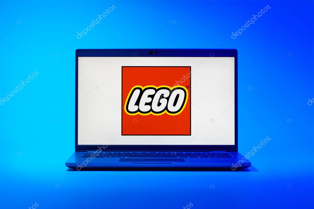 Prague, Czechia - 02 21 2025: Laptop on surface showing Lego logo.