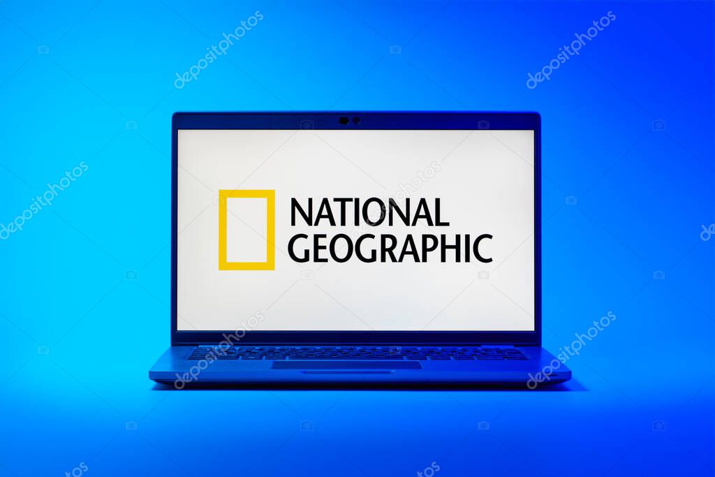 Prague, Czechia - 02 21 2025: Laptop on surface showing National Geographic logo.