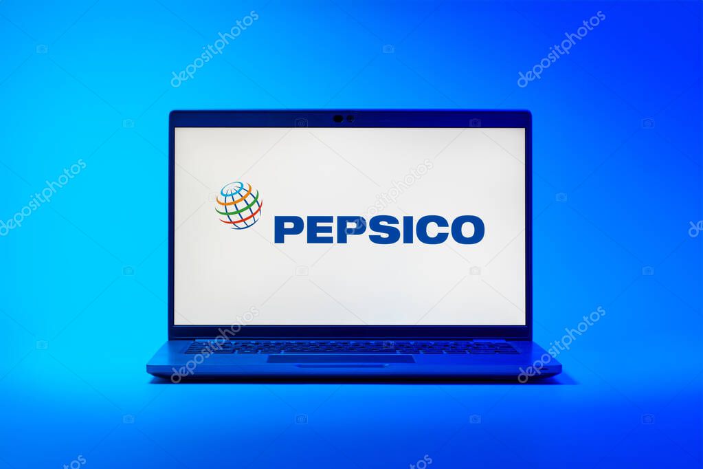 Prague, Czechia - 02 21 2025: Laptop on surface showing Pepsico logo.