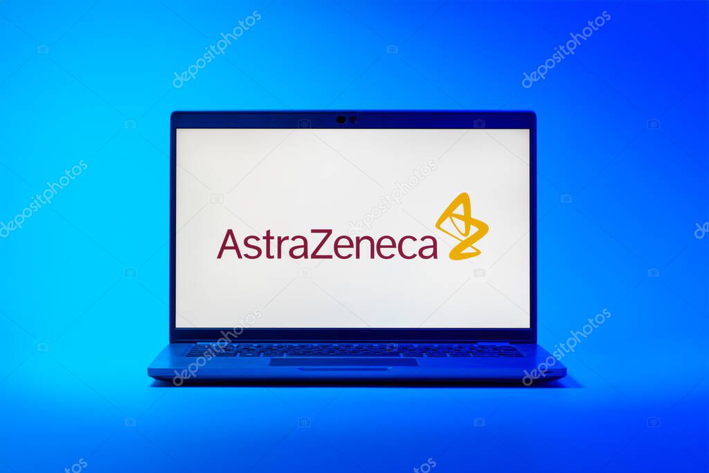 Prague, Czechia - 02 21 2025: Laptop on surface showing AstraZeneca logo.