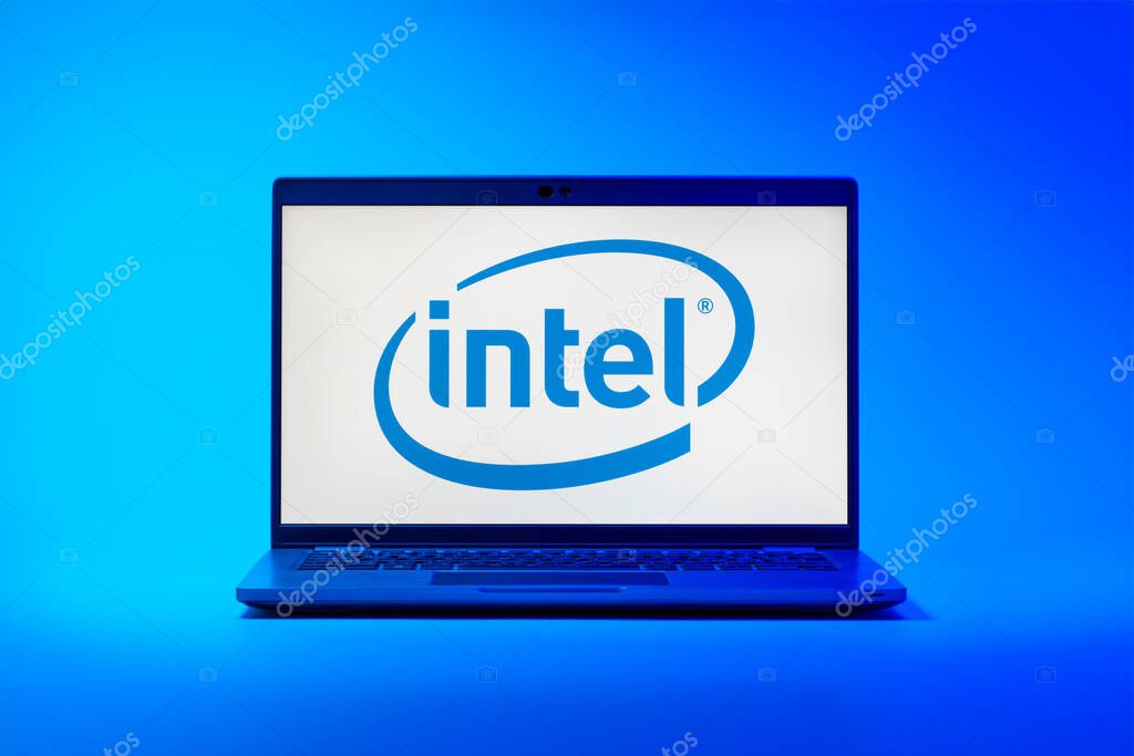 Prague, Czechia - 02 21 2025: Laptop on surface showing Intel logo.