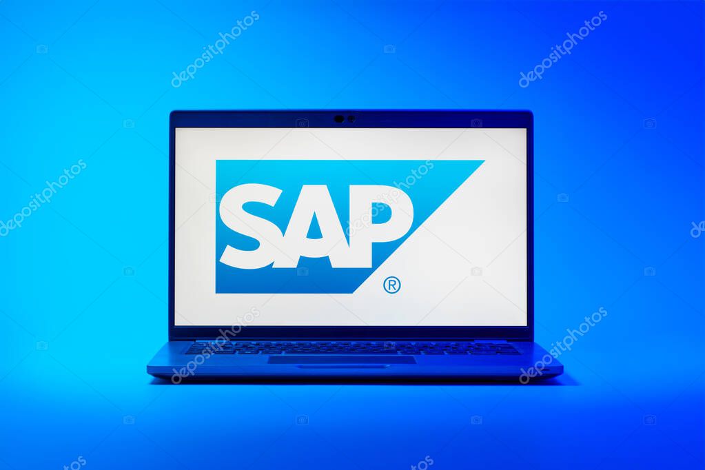 Prague, Czechia - 02 21 2025: Laptop on surface showing SAP logo.