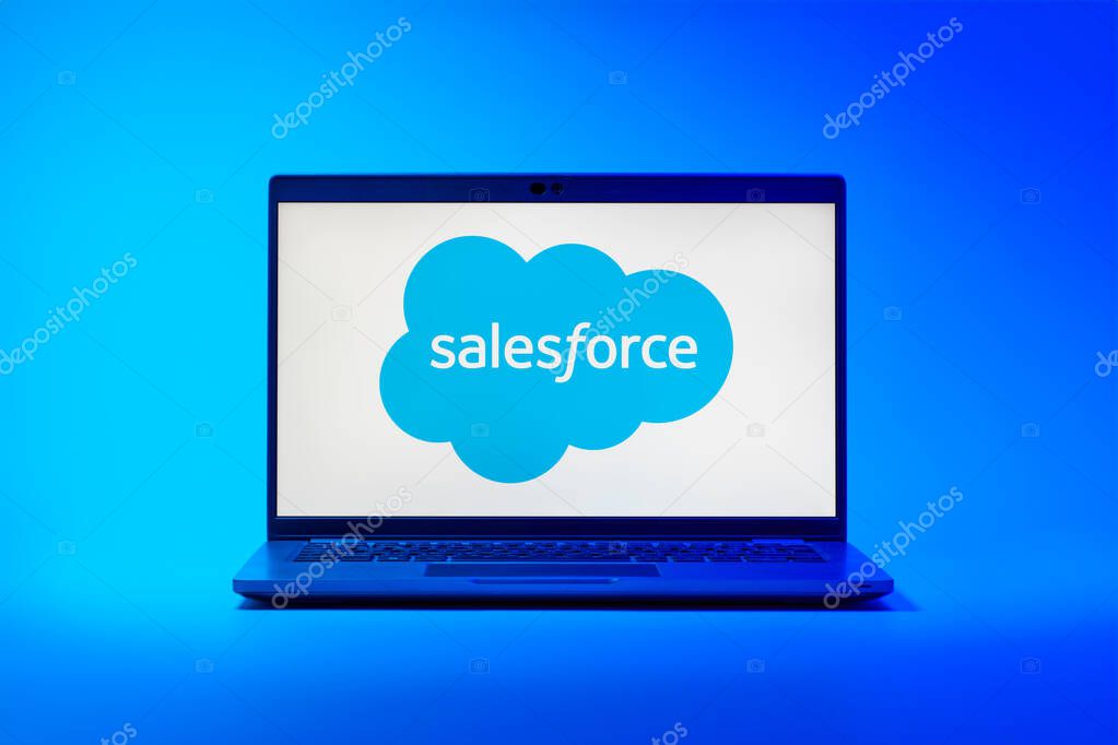Prague, Czechia - 02 21 2025: Laptop on surface showing Salesforce logo.