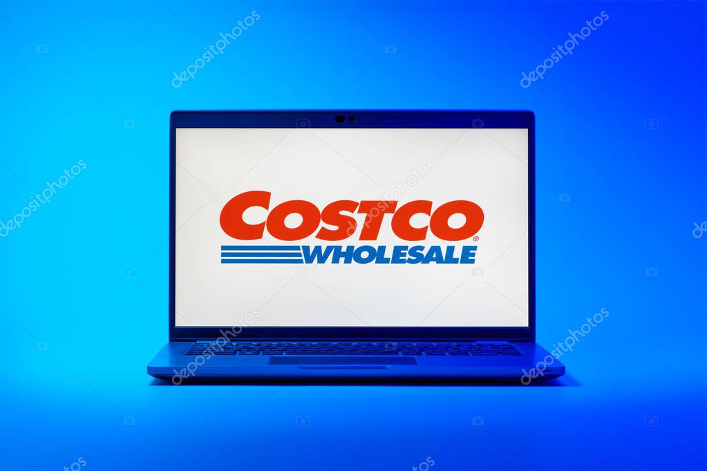 Prague, Czechia - 02 21 2025: Laptop on surface showing Costco logo.