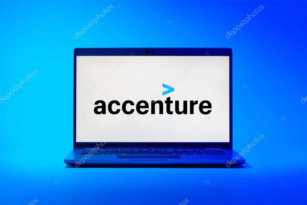 Prague, Czechia - 02 21 2025: Laptop on surface showing Accenture logo.
