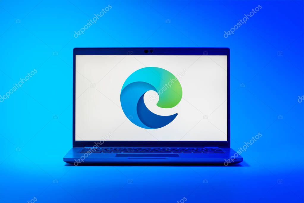 Prague, Czechia - 02 21 2025: Laptop on surface showing Edge logo.