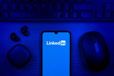 Prag, Çek Cumhuriyeti - 10 21 2024: Yüzeyde LinkedIn logosunu gösteren akıllı telefon.