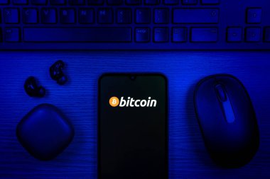 Prag, Çek Cumhuriyeti - 10 21 2024: Bitcoin logosunu gösteren akıllı telefon.
