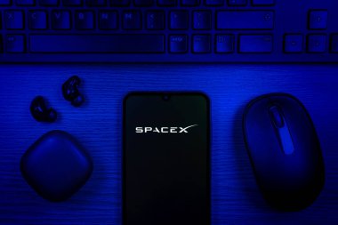 Prag, Çek Cumhuriyeti - 10 21 2024: SpaceX logosunu gösteren akıllı telefon.