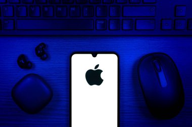 Prag, Çek Cumhuriyeti - 10 21 2024: Apple logosunu gösteren akıllı telefon.