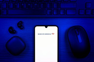 Prag, Çek Cumhuriyeti - 10 21 2024: Amerika Bankası logosunu gösteren akıllı telefon.