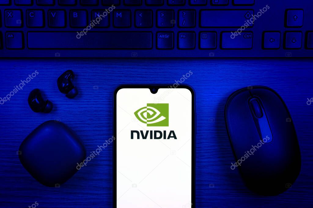 Prague, Czechia - 10 21 2024: Smartphone on surface showing NVIDIA logo.